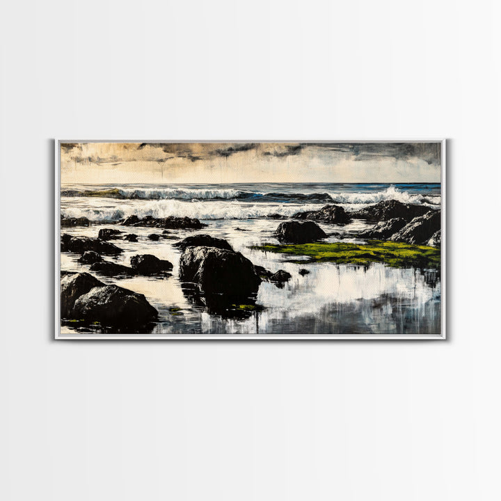 Rocky Coastline, Ocean Waves, Moody Seascape, Canvas Print, Nautical Wall Art, Monochrome Landscape, Bedroom Wall Art, Nature Aesthetic