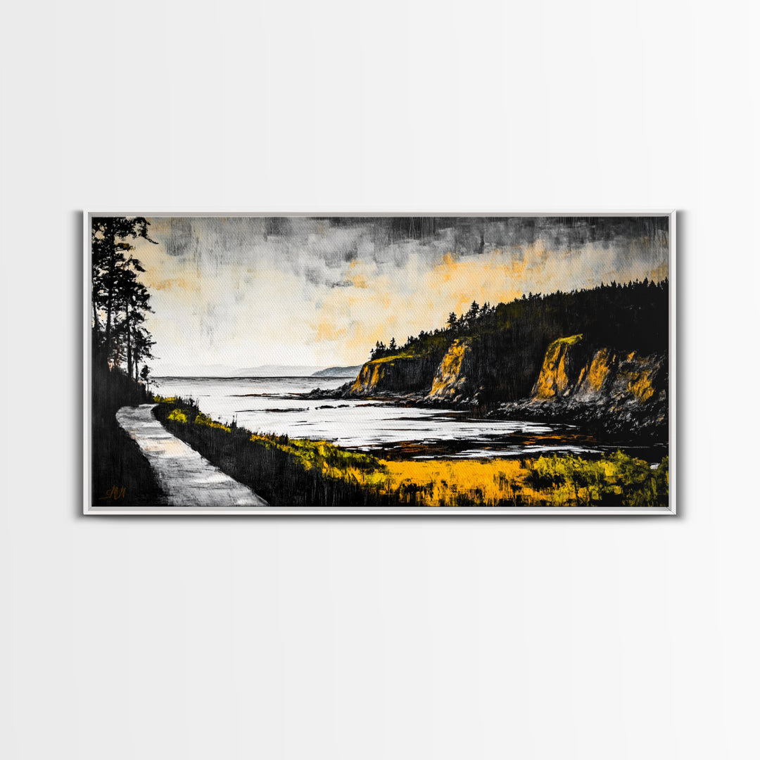 Rugged Shore, Coastal View, Autumn Landscape, Framed Canvas Print, Beach House Art, Living Room Wall Art, Minimalist Seascape Decor