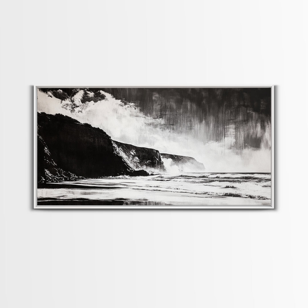 Cliffside Beach, Dramatic Seascape View, Framed Canvas Print, Black and White Art, Minimalist Decor, Bedroom Wall Art, Coastal Aesthetic