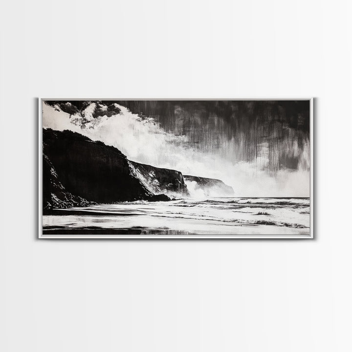 Cliffside Beach, Dramatic Seascape View, Framed Canvas Print, Black and White Art, Minimalist Decor, Bedroom Wall Art, Coastal Aesthetic