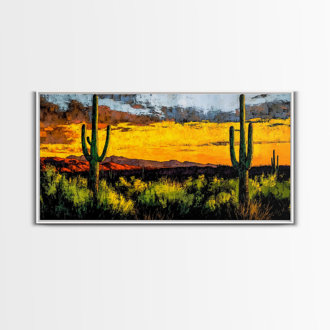 Desert Cactus, Western Sunset Art, Vibrant Landscape Canvas Print, Rustic Home Decor, Southwestern Wall Art, Office Art
