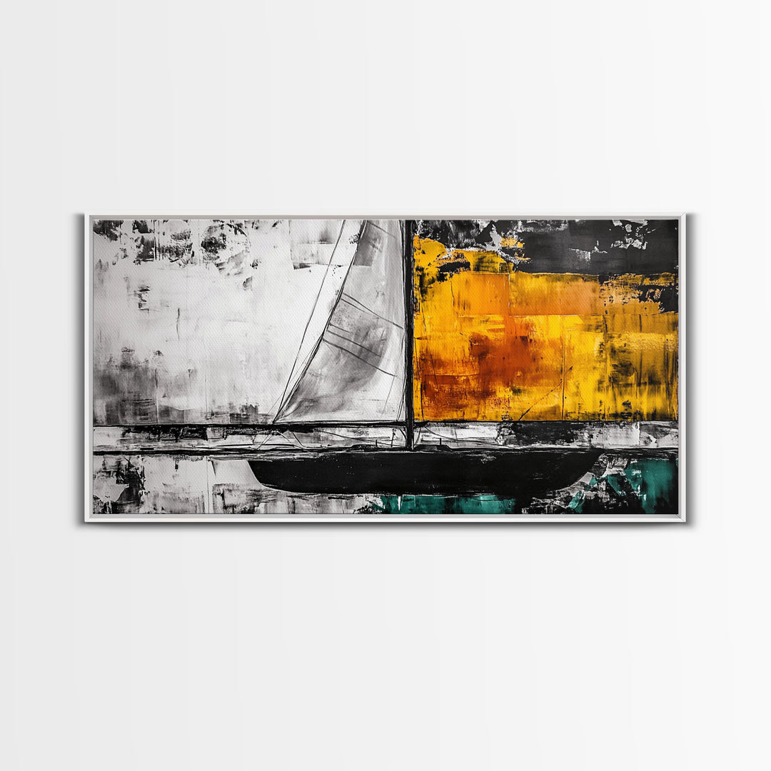 Abstract Sailboat, Nautical Canvas Print, Modern Minimalist Wall Art, Coastal Home Decor, Black and White Painting, Living Room Art