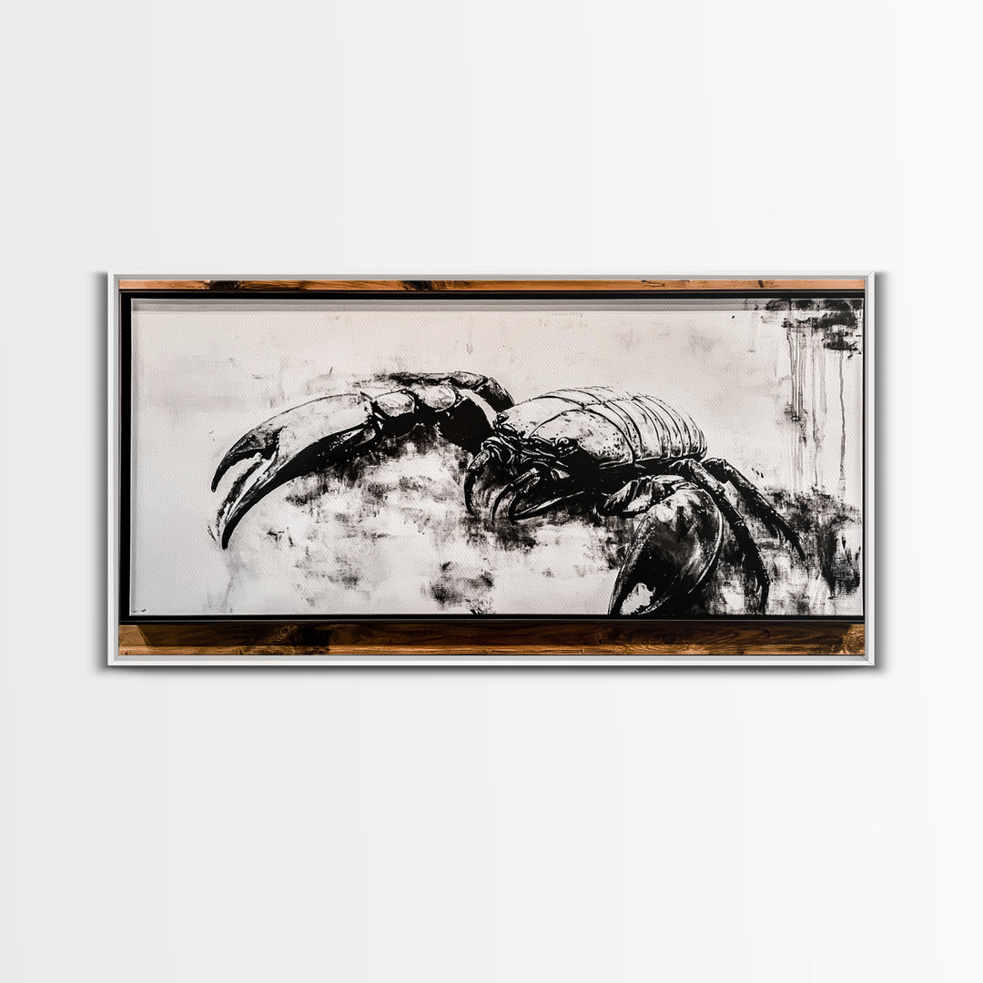 Crab Art, Black and White Coastal Decor, Nautical Wall Art, Beach House Aesthetic, Rustic Framed Canvas Print, Ocean Wildlife Art