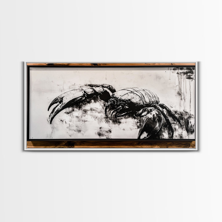 Crab Art, Black and White Coastal Decor, Nautical Wall Art, Beach House Aesthetic, Rustic Framed Canvas Print, Ocean Wildlife Art