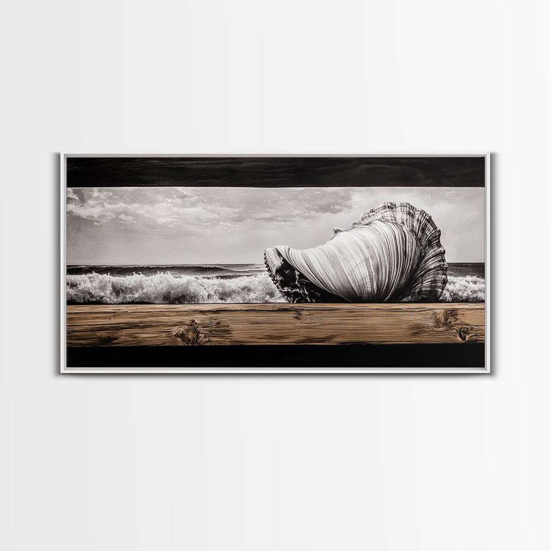 Seashell and Waves, Nautical Art, Coastal Beach Decor, Black and White Seascape, Ocean Home Art, Framed Canvas Print, Elegant Art