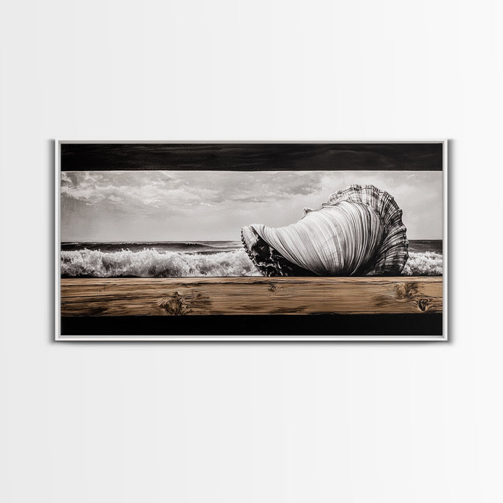 Seashell and Waves, Nautical Art, Coastal Beach Decor, Black and White Seascape, Ocean Home Art, Framed Canvas Print, Elegant Art