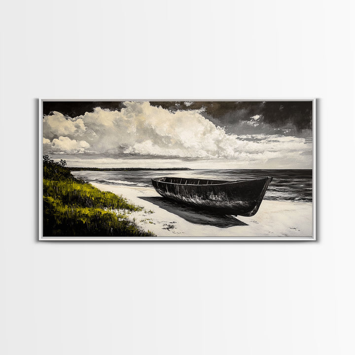 Abandoned Boat, Black White, Seaside Art, Framed Canvas Print, Rustic Beach Decor, Nautical Wall Art, Coastal Print, Office Decor