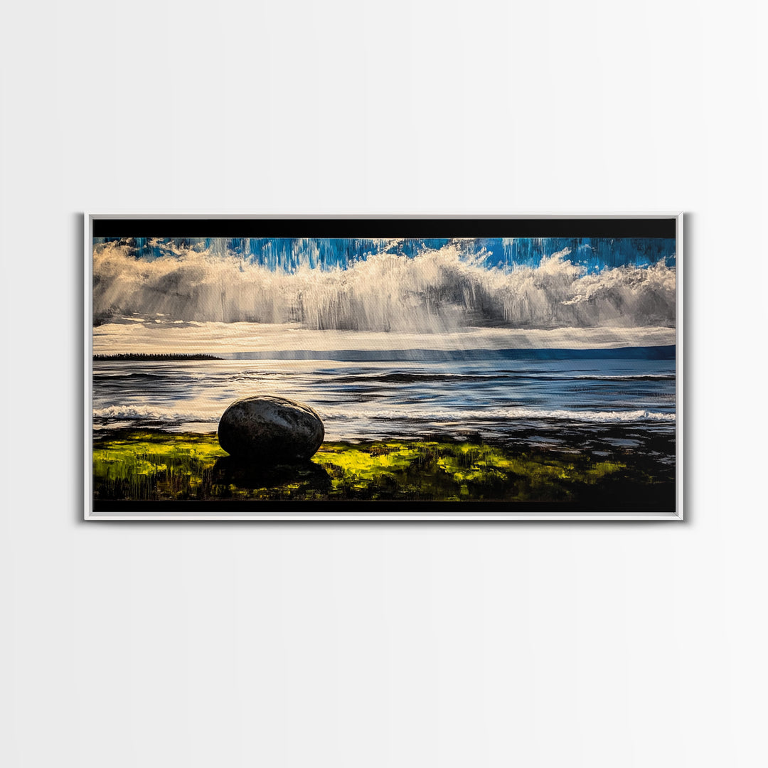 Coastal Rain, Ocean Reflection, Scenic Wall Art, Framed Canvas Print, Serene Nature Print, Landscape Decor, Bedroom Wall Art