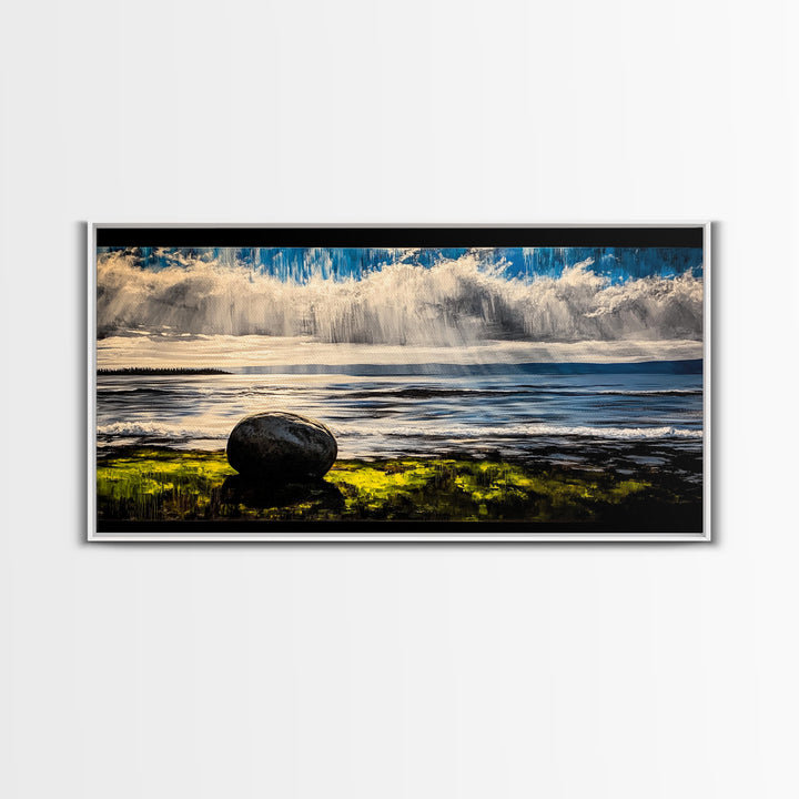 Coastal Rain, Ocean Reflection, Scenic Wall Art, Framed Canvas Print, Serene Nature Print, Landscape Decor, Bedroom Wall Art