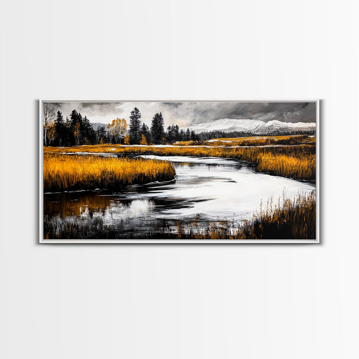 Autumn Landscape, Rustic River Scene, Golden Fields, Nature Wall Art, Farmhouse Style, Cabin Decor, Warm Tones, Framed Canvas Print