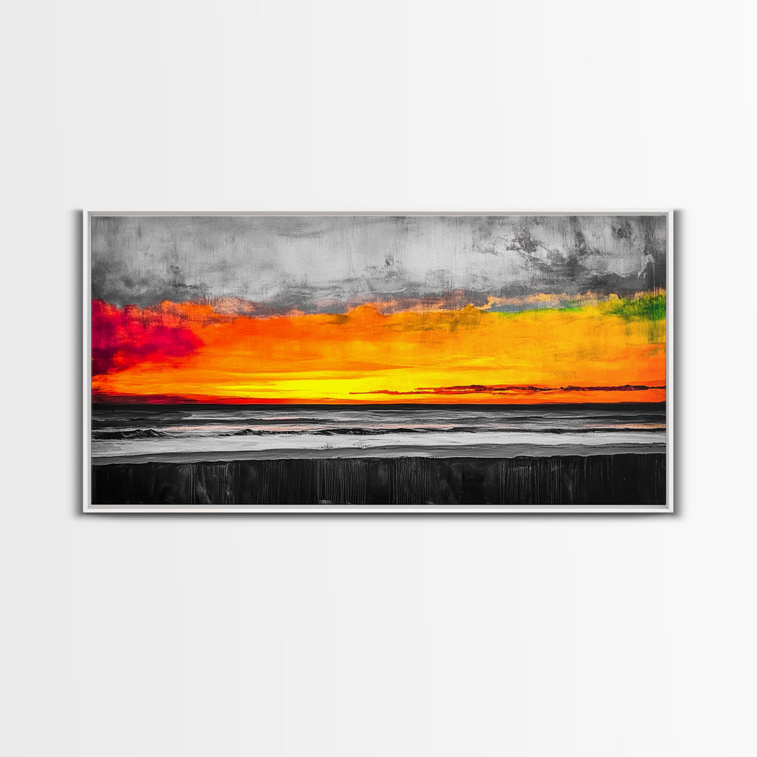 Coastal Sunset, Ocean Horizon, Bold Colors, Black and White Contrast, Modern Abstract, Warm Tones, Large Wall Art, Framed Canvas Print ?