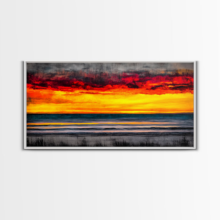 Sunset Beach, Ocean Art, Coastal Landscape, Modern Canvas Print, Boho Wall Art, Vibrant Seascape, Living Room Decor, Bold Art