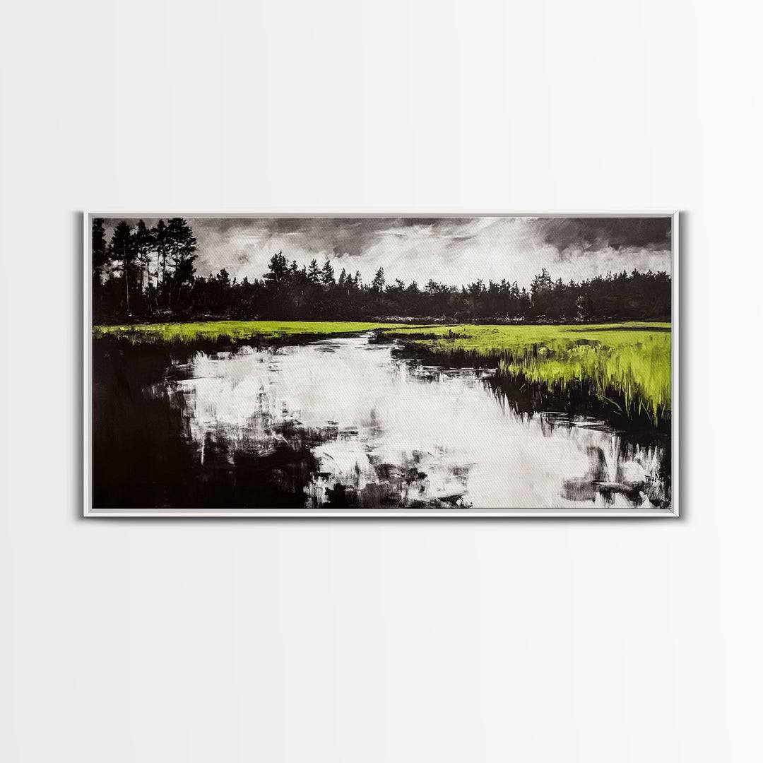 River Reflection, Nature Art, Moody Landscape, Modern Canvas Print, Green and Black, Office Wall Art, Minimalist Home Decor, Rustic Art