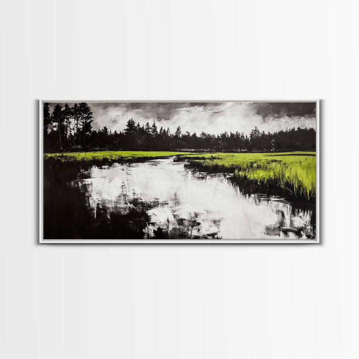 River Reflection, Nature Art, Moody Landscape, Modern Canvas Print, Green and Black, Office Wall Art, Minimalist Home Decor, Rustic Art