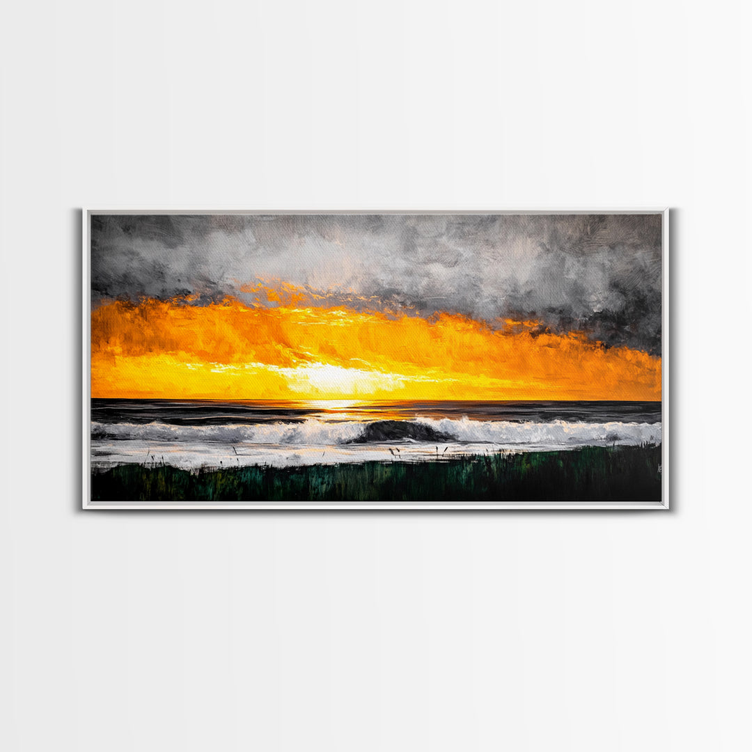 Ocean Sunset, Dramatic Clouds, Beach Waves, Framed Canvas Print, Coastal Wall Art, Living Room Art, Large Wall Decor