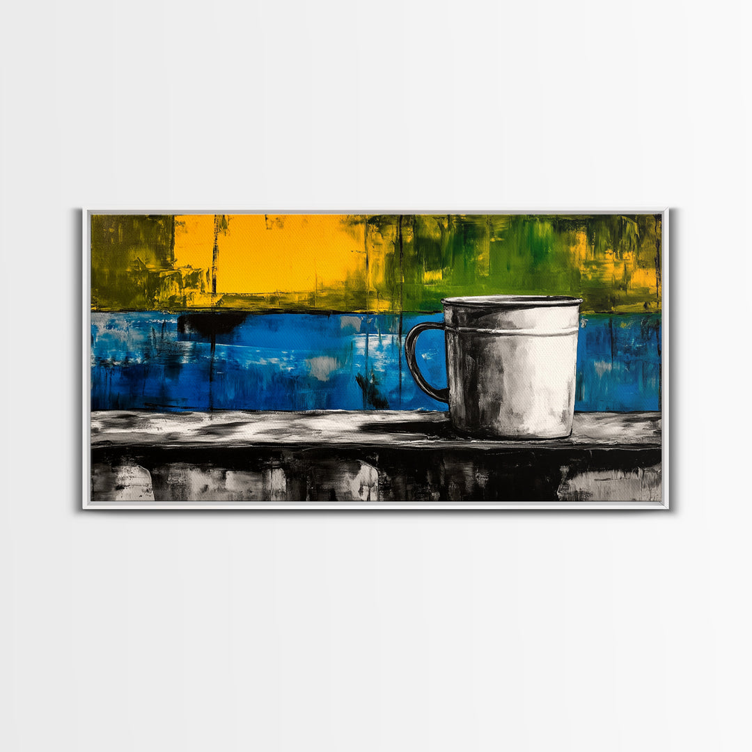 Abstract Mug Art, Colorful Kitchen Decor, Coffee Lover Gift, Modern Wall Art, Framed Canvas Print, Vibrant Home Accent
