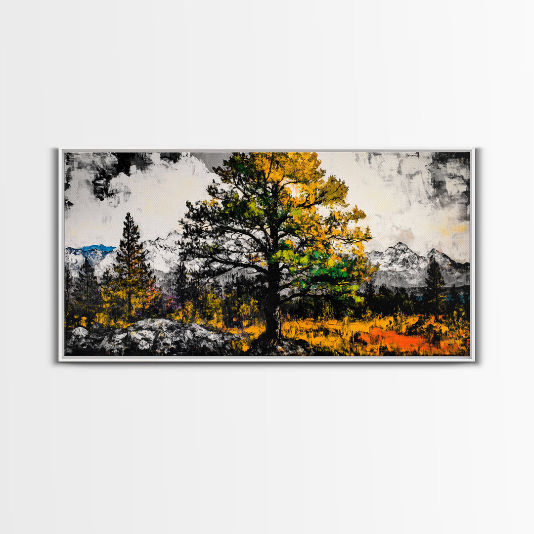 Autumn Tree Art, Mountain Landscape Painting, Fall Wall Decor, Nature Lover Gift, Framed Canvas Print, Rustic Cabin Home Accent