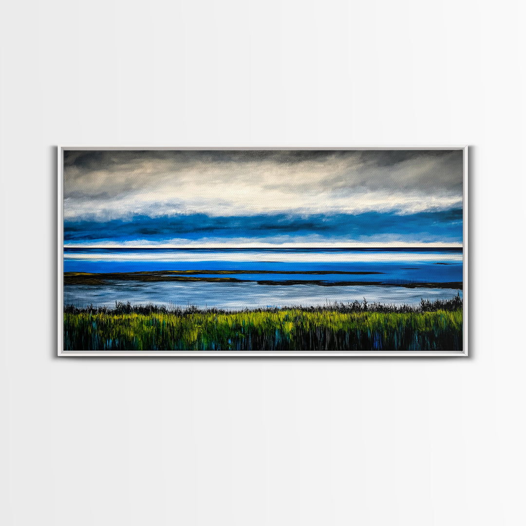 Ocean Horizon, Blue Sky, Coastal, Minimalist, Framed Canvas Print, Seascape Painting, Modern Wall Art, Living Room Decor, Tranquil Scene