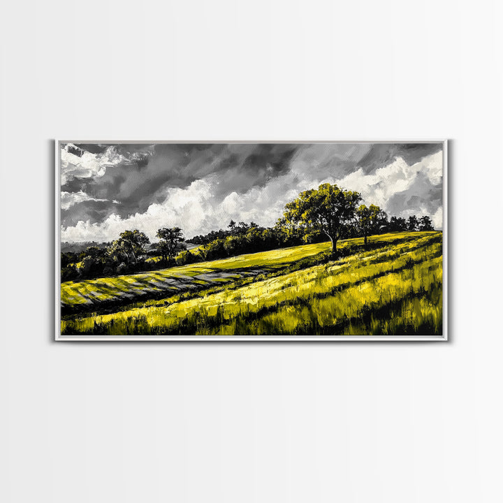 Rolling Hills Landscape, Peaceful Countryside Art, Green Field Painting, Rustic Home Decor, Framed Canvas Print, Serene Wall Accent
