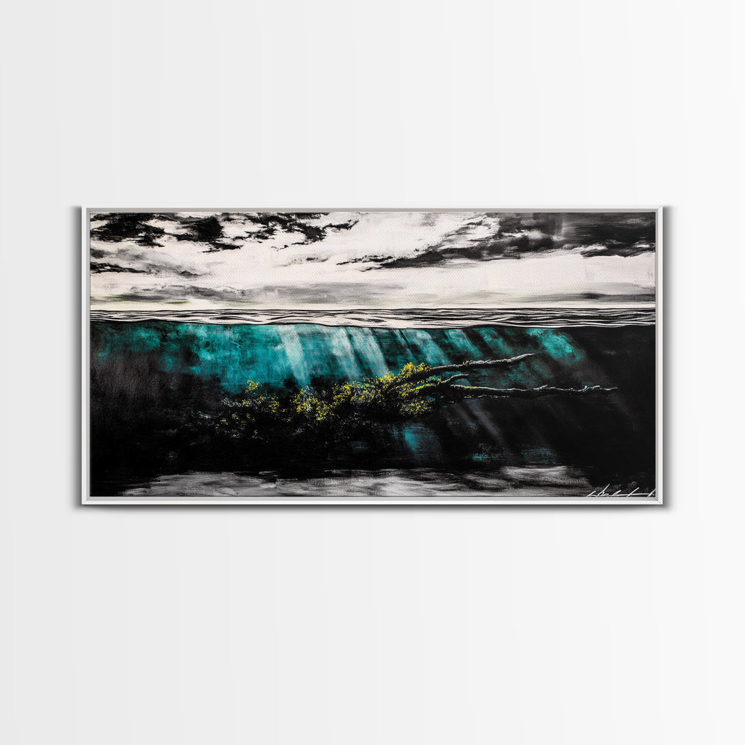 Underwater View, Ocean Depths, Abstract Seascape, Coastal Home Decor, Blue Water Art, Framed Canvas Print, Living Room Wall Art, Unique Art