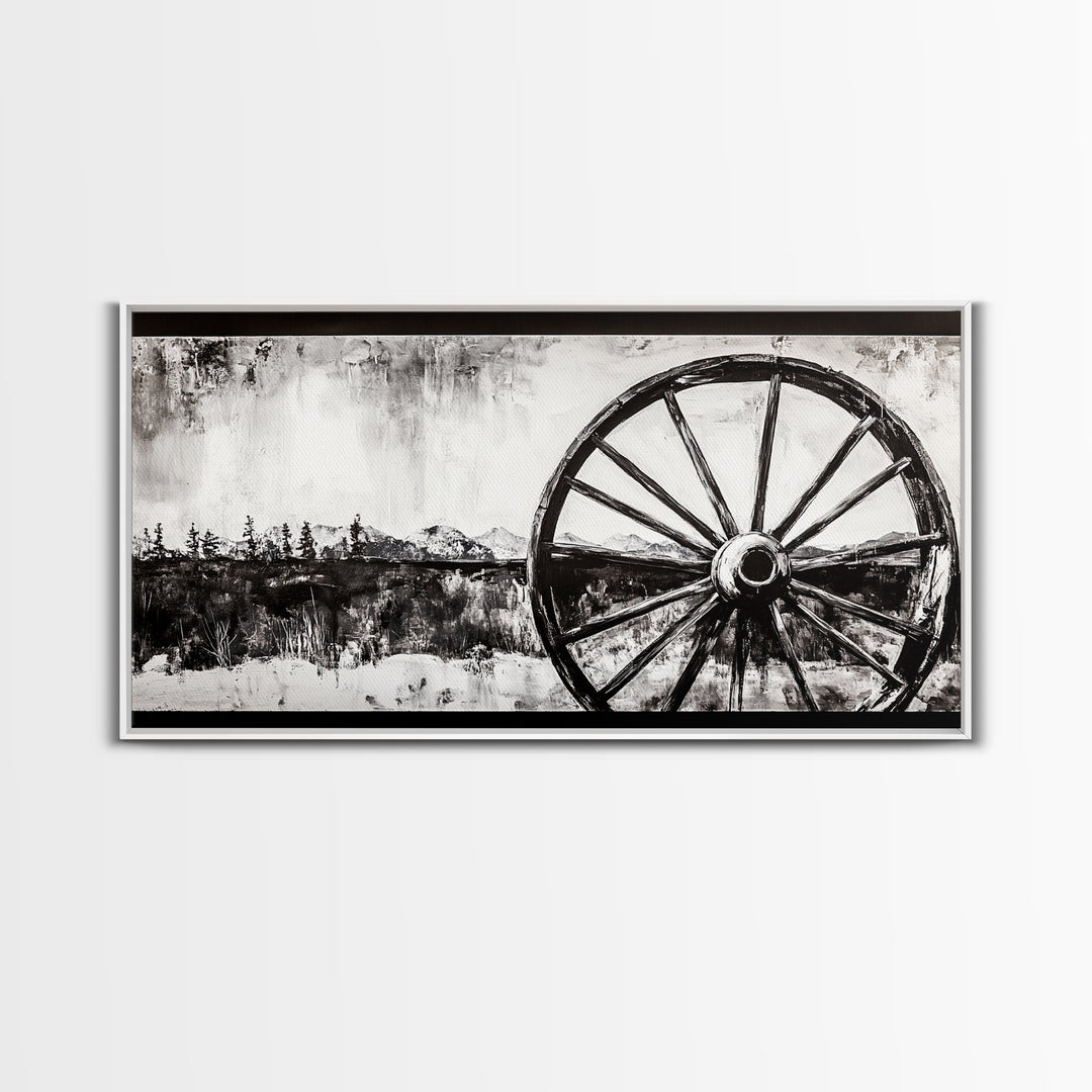 Wagon Wheel, Mountain Landscape, Black and White Western Art, Rustic Home Decor, Framed Canvas Print, Farmhouse Living Room Art