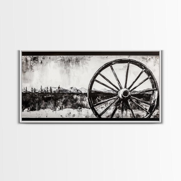 Wagon Wheel, Mountain Landscape, Black and White Western Art, Rustic Home Decor, Framed Canvas Print, Farmhouse Living Room Art