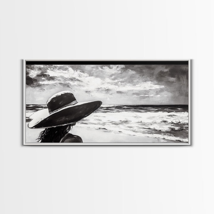 Woman at Beach, Black and White Wall Art, Minimalist Canvas Print, Modern Coastal Decor, Ocean View Art, Living Room Wall Art