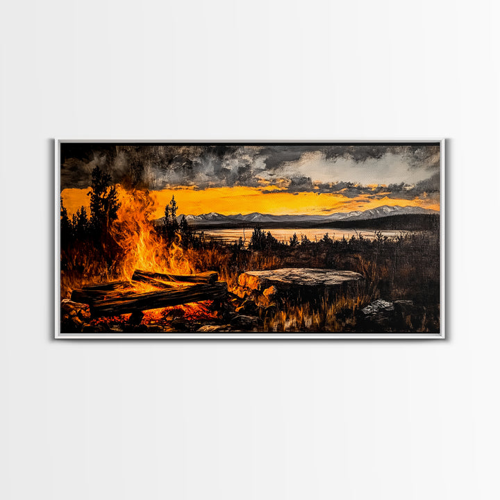 Campfire, Mountain Art, Sunset Landscape, Wilderness Print, Outdoor Wall Art, Adventure Home Decor, Cabin Wall Art, Framed Canvas Print
