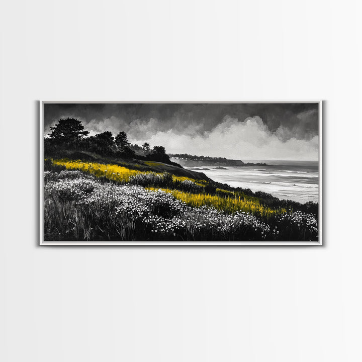 Coastal Meadow, Floral Landscape, Beach Painting, Black and White Art, Nature Wall Decor, Minimalist Art, Framed Canvas Print, Gift Idea