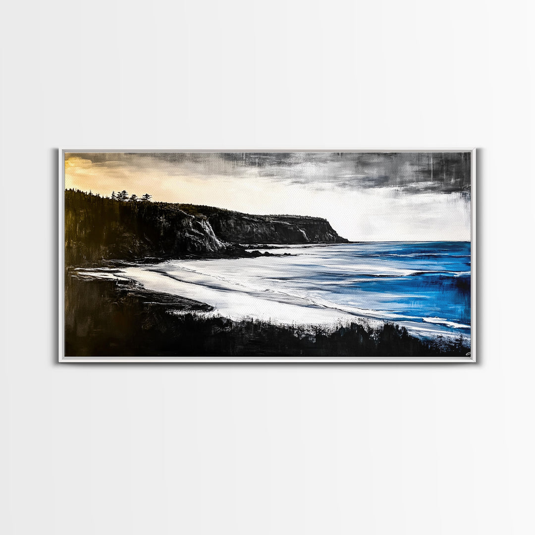 Cliffside Coast, Dramatic Seascape, Black and White Landscape, Ocean View, Modern Art, Living Room Decor, Framed Canvas Print, Coastal Home