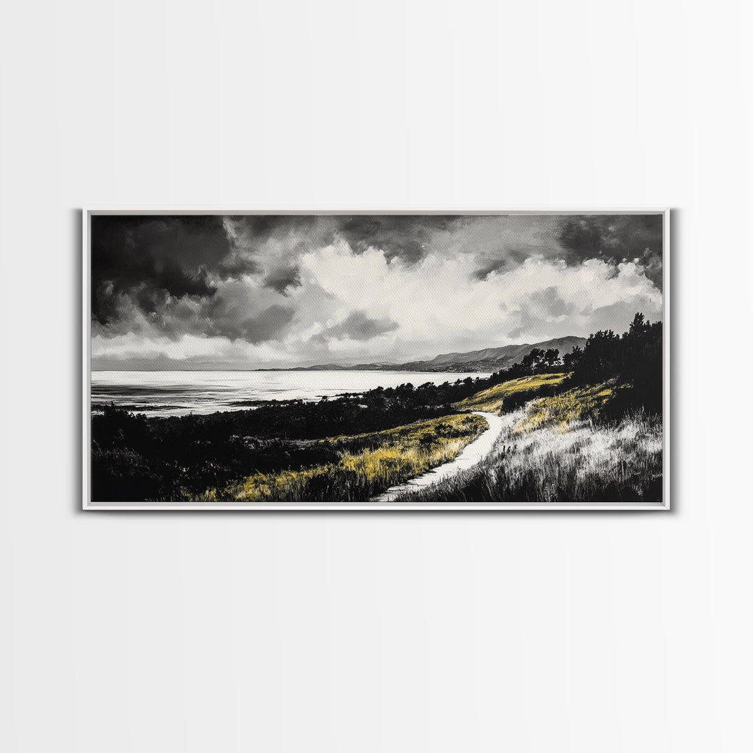 Golden Field, Pathway Landscape, Black and White Art, Moody Sky, Scenic Wall Decor, Office Wall Art, Canvas Print, Minimalist Nature