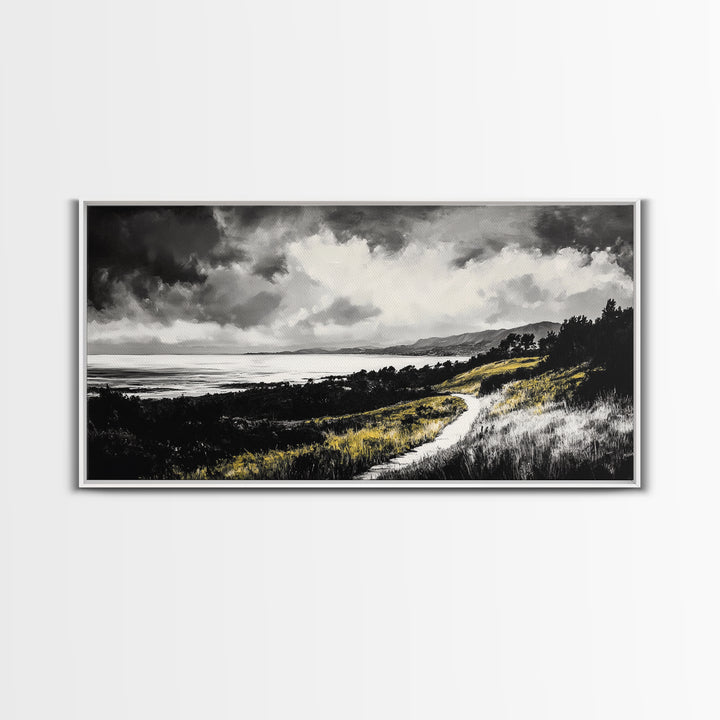 Golden Field, Pathway Landscape, Black and White Art, Moody Sky, Scenic Wall Decor, Office Wall Art, Canvas Print, Minimalist Nature