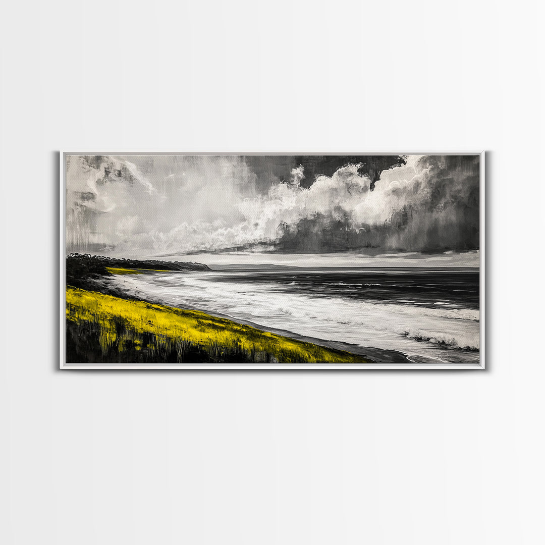 Coastal Horizon, Ocean Beach Art, Black and White Wall Decor, Dramatic Sky, Yellow Grass, Modern Landscape, Serene View, Framed Canvas Print
