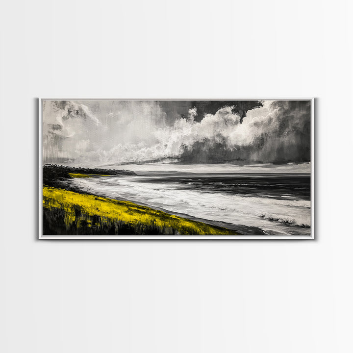 Coastal Horizon, Ocean Beach Art, Black and White Wall Decor, Dramatic Sky, Yellow Grass, Modern Landscape, Serene View, Framed Canvas Print