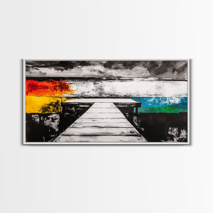 Pier to Infinity, Abstract Coastal Art, Black and White, Surreal Landscape, Minimalist Aesthetic, Nautical Decor, Framed Canvas Print