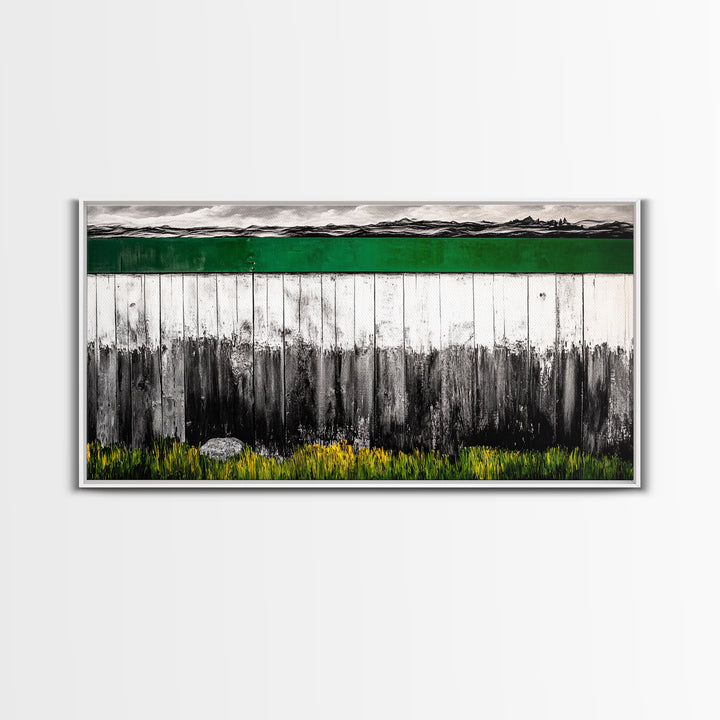 Rustic Fence, Green Landscape, Modern Country Art, Black and White with Color, Nature Inspired, Farmhouse Decor, Serene View, Canvas Print