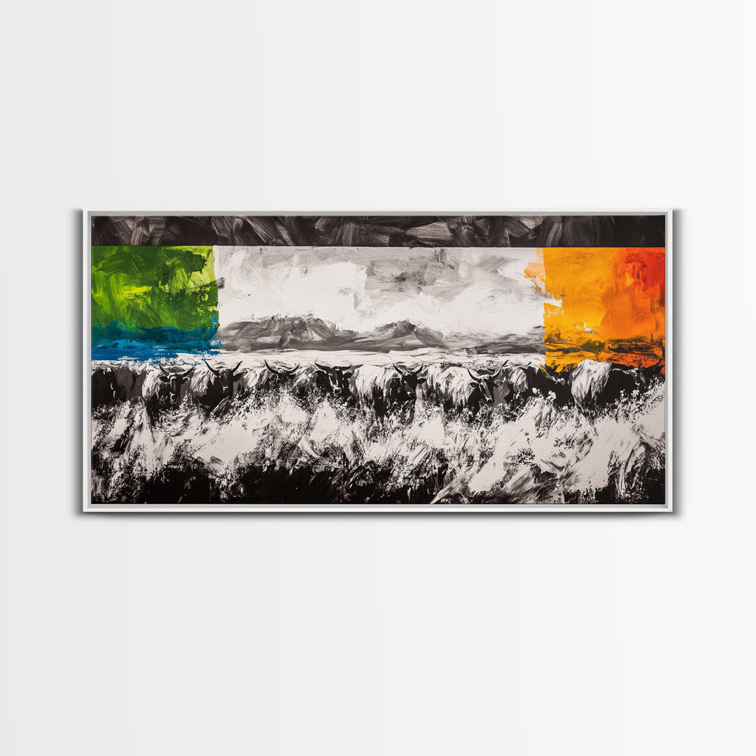 Abstract Cattle, Western Art, Colorful Farm Scene, Framed Canvas Print, Modern Ranch Wall Decor, Farmhouse Style, Rustic Artwork