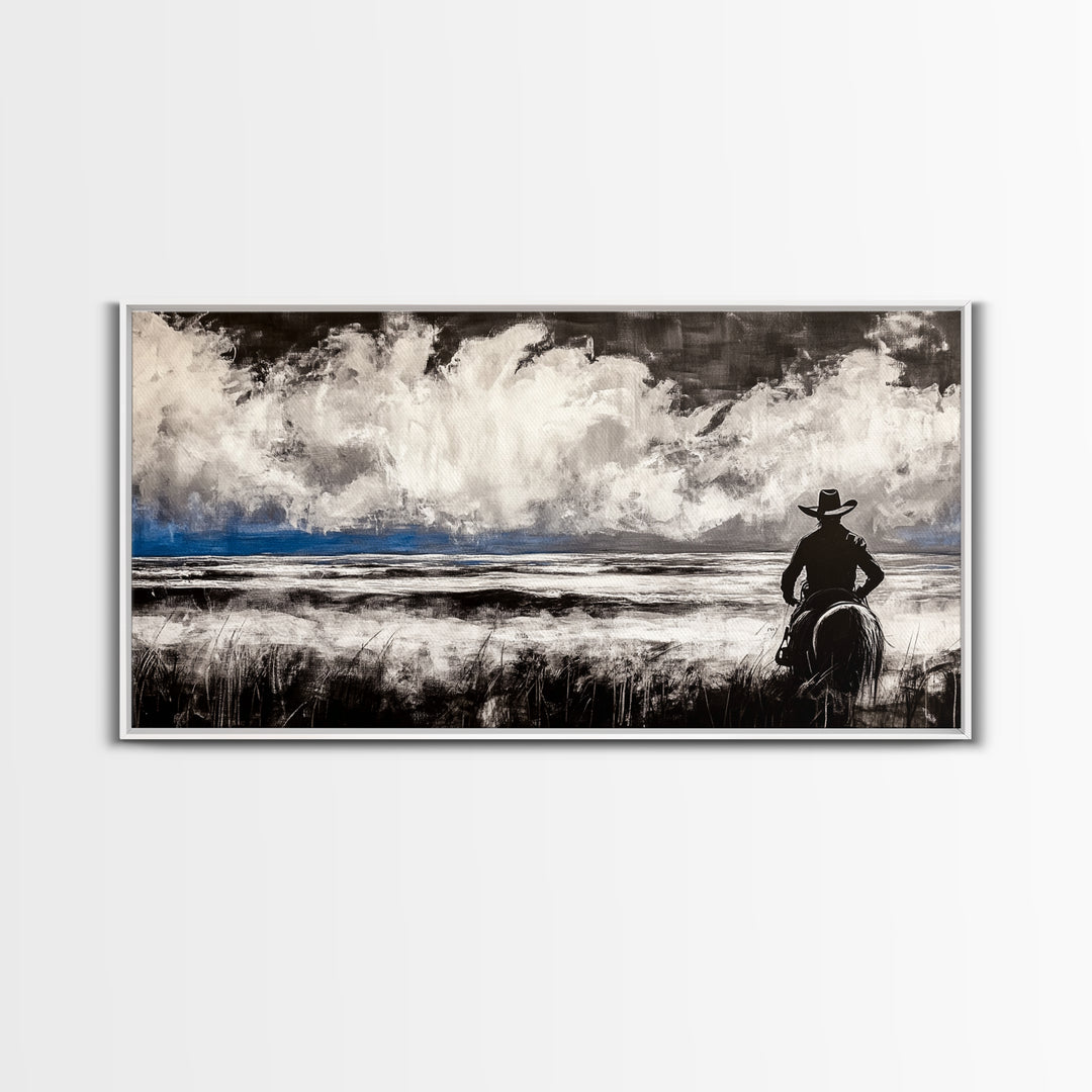 Cowboy Horizon, Western Landscape, Rustic Horse Rider, Framed Canvas Print, Southwestern Home Decor, Black and White Wall Art