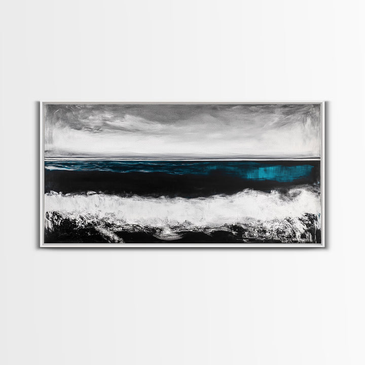 Ocean Horizon, Moody Seascape, Black and White Waves, Framed Canvas Print, Modern Coastal Wall Art, Beach House Decor, Minimalist Art