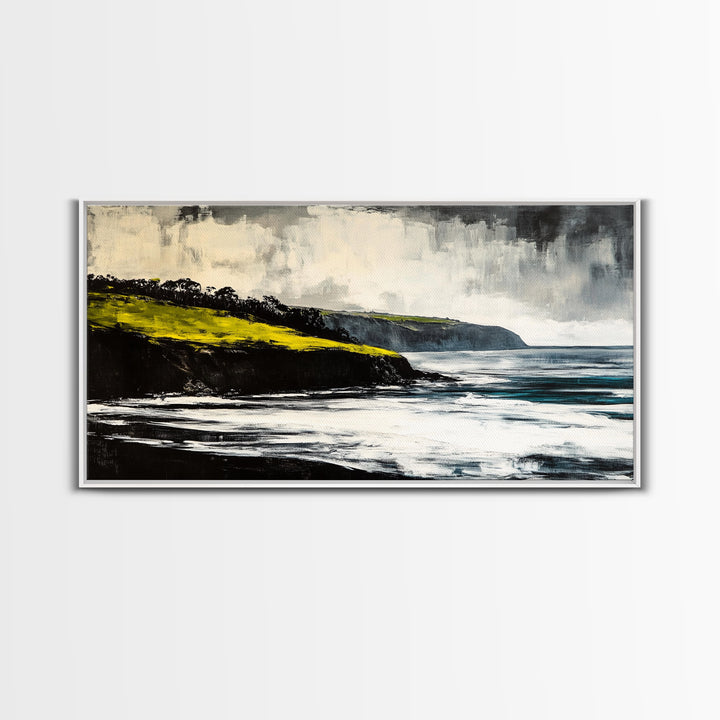 Ocean Cliffs, Misty Coastline, Stormy Sea, Canvas Print, Moody Seascape Art, Living Room Decor, Minimalist Wall Art, Nature Painting
