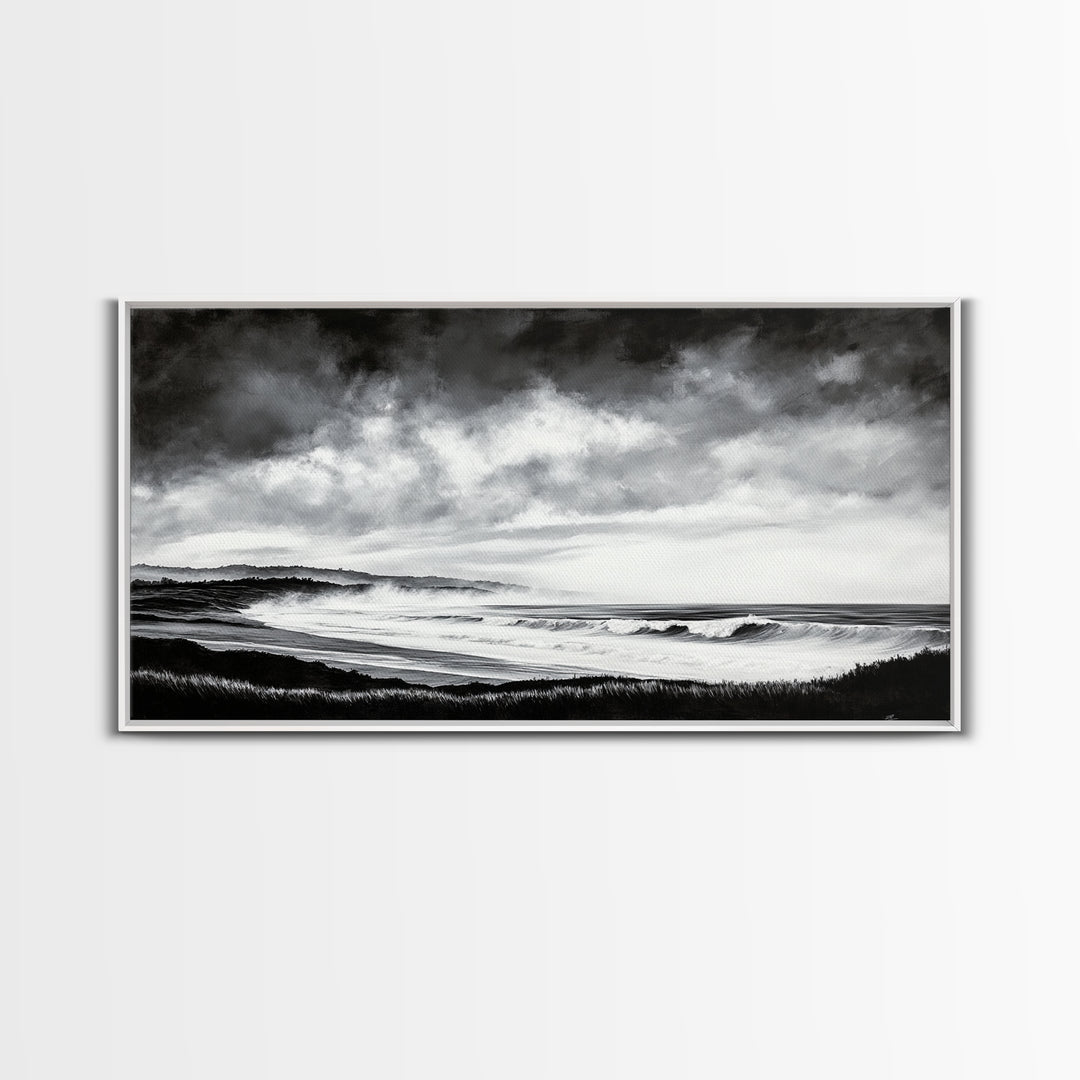 Black and White Beach, Moody Sky, Stormy Waves, Framed Canvas Print, Minimalist Wall Art, Modern Home Decor, Nautical Landscape