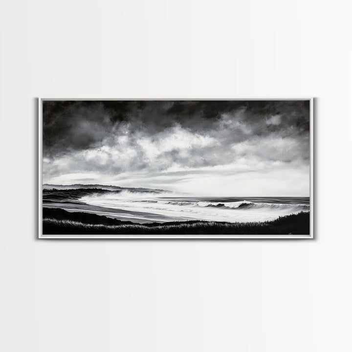 Black and White Beach, Moody Sky, Stormy Waves, Framed Canvas Print, Minimalist Wall Art, Modern Home Decor, Nautical Landscape