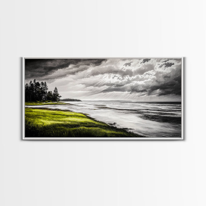 Stormy Beach, Coastal Horizon, Monochrome Landscape, Framed Canvas Print, Minimalist Art, Modern Living Room Decor, Dramatic Ocean Scene