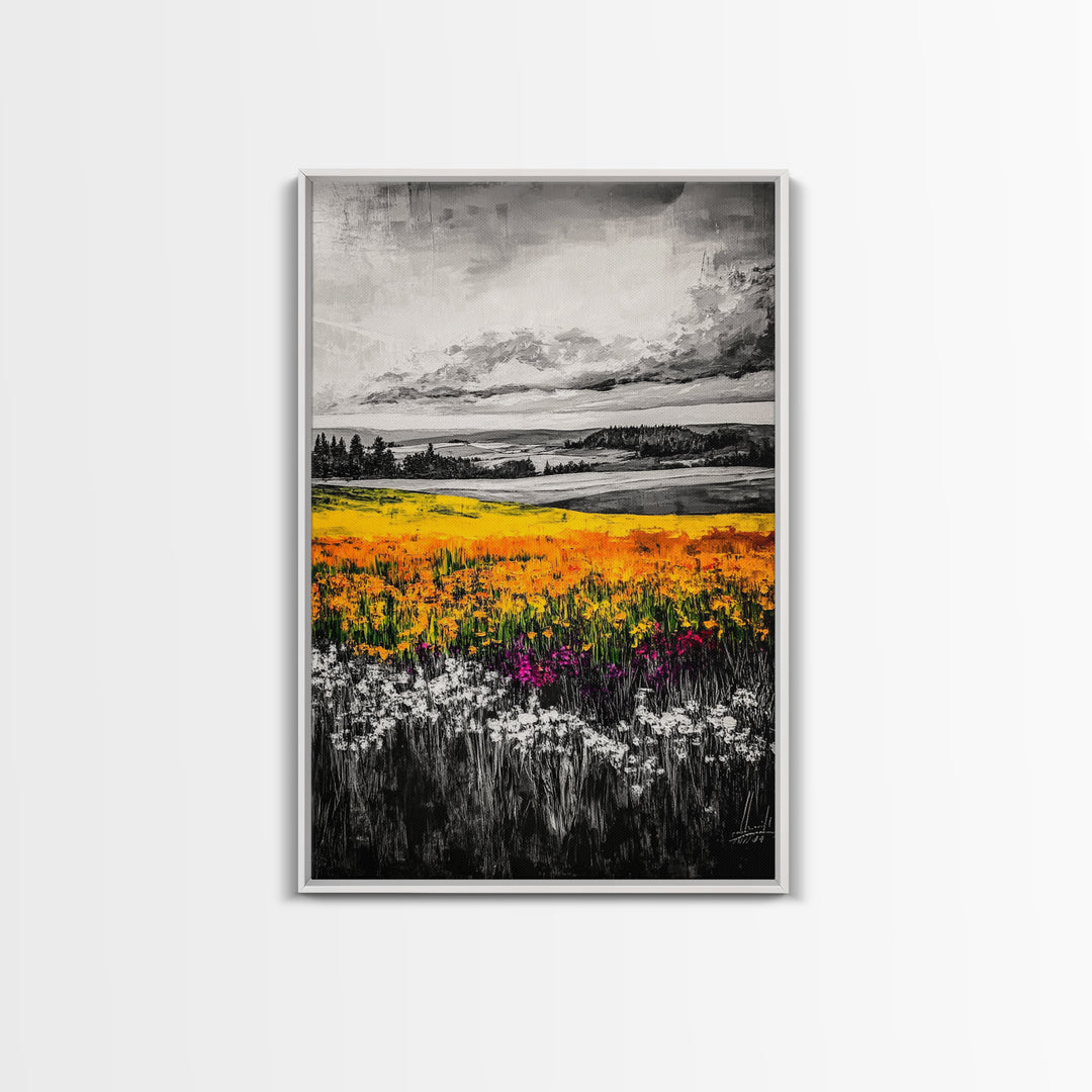 Black White Landscape, Yellow Wildflower Field, Nature Wall Art, Rustic Farmhouse Art, Country Home Decor, Office Art, Framed Canvas Print