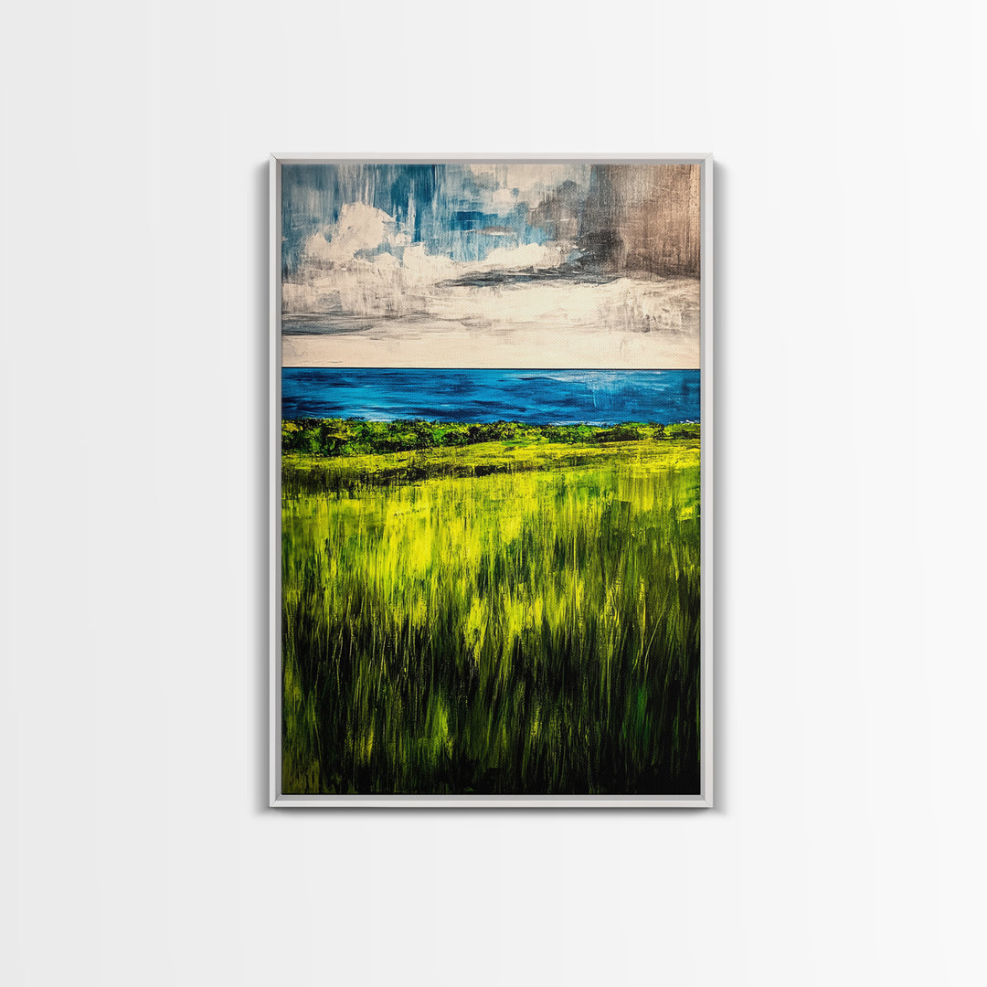 Coastal Landscape, Ocean View, Green Fields, Framed Canvas Print, Serene Wall Art, Nature Inspired, Tranquil Beach Decor, Modern Art