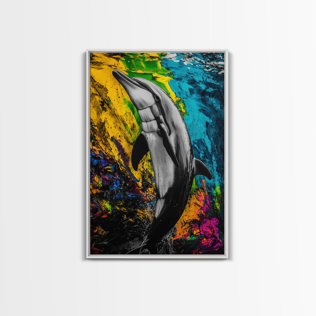 Dolphin Art, Vibrant Colors, Underwater Scene, Framed Canvas Print, Ocean Wall Decor, Marine Life Art, Coastal Vibes, Nautical Home Decor