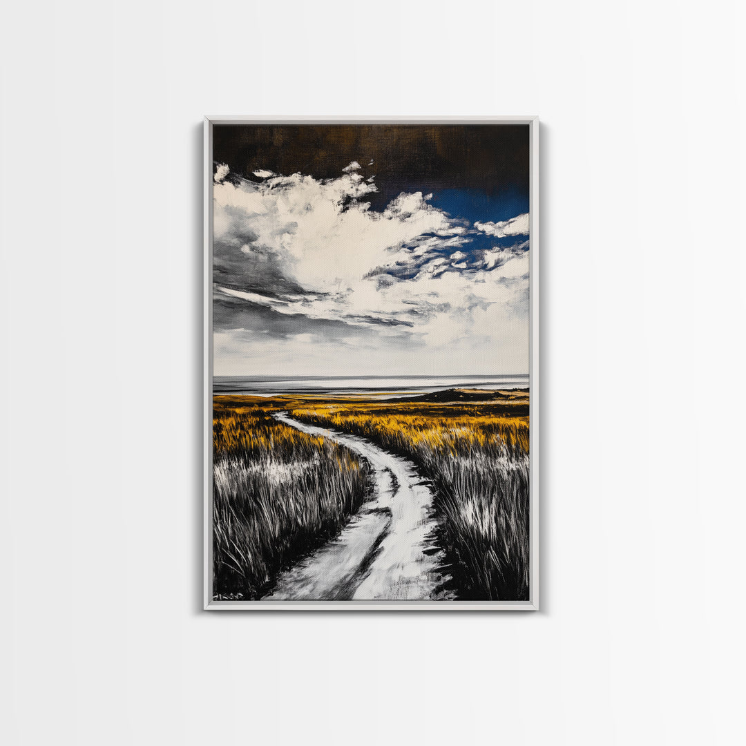 Pathway, Open Fields, Framed Canvas Print, Rustic Landscape, Countryside Decor, Farmhouse Wall Art, Neutral Tones, Home Gift Idea