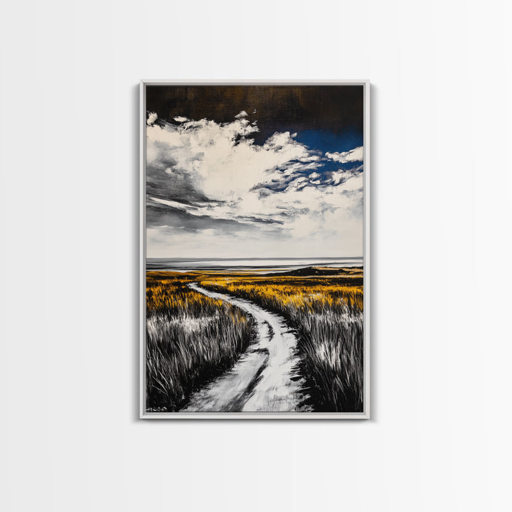 Pathway, Open Fields, Framed Canvas Print, Rustic Landscape, Countryside Decor, Farmhouse Wall Art, Neutral Tones, Home Gift Idea