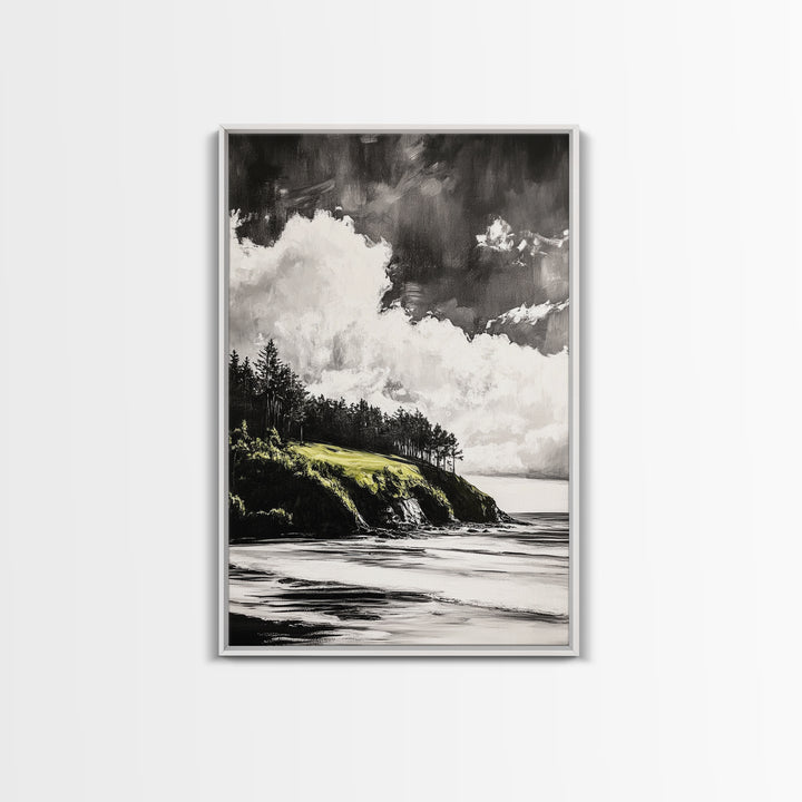 Coastal Cliffs, Black and White Landscape, Moody Sky Painting, Rustic Nature Wall Art, Office Decor, Framed Canvas Print