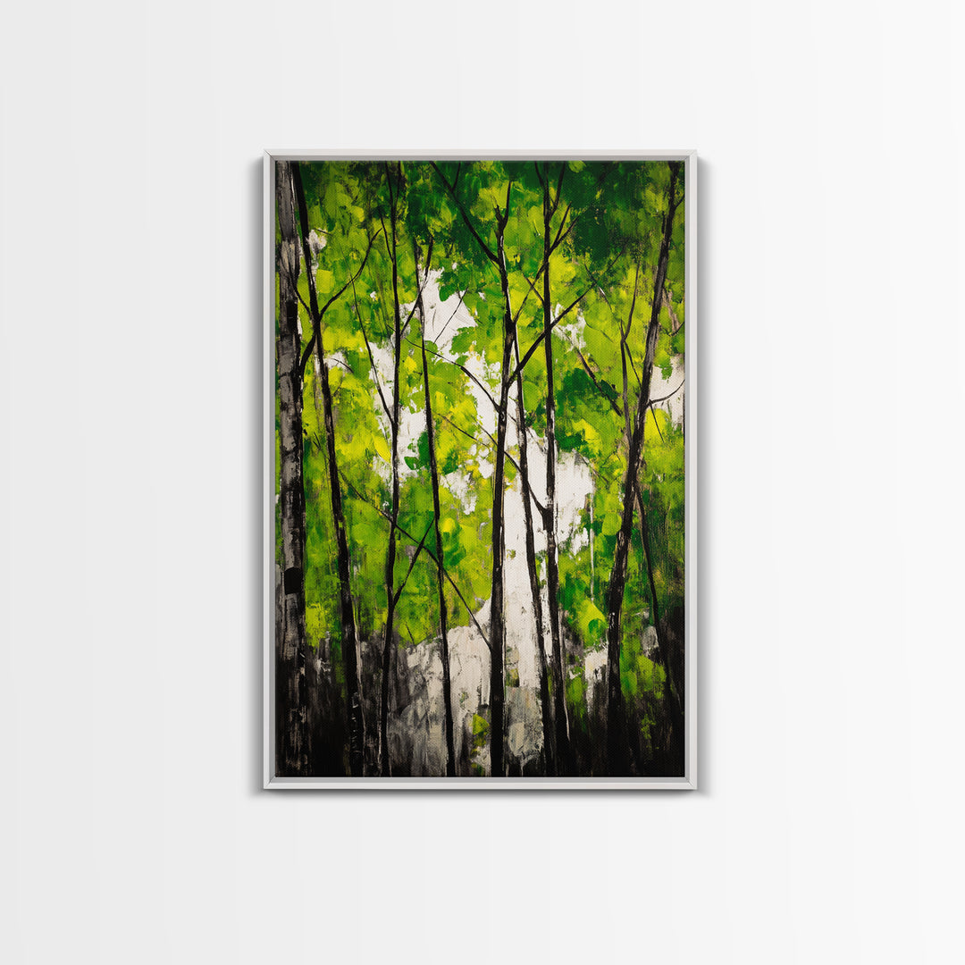 Birch Trees, Green Forest Art, Nature Landscape, Abstract Painting, Contemporary Wall Decor, Earthy Home Art, Framed Canvas Print
